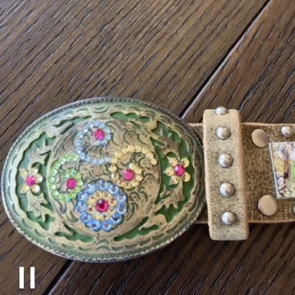 Leatherock 34”l Suede Floral Inlay Belt w/ Crystal Buckle Studded Boho hippie